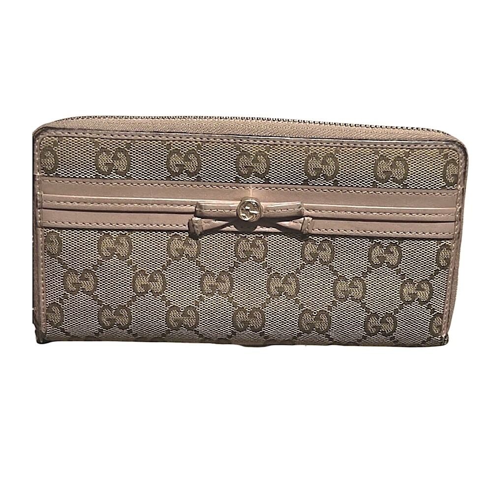 Authentic GG GUCCI Monogram Brown Canvas Leather Bow Zip Long Wallet